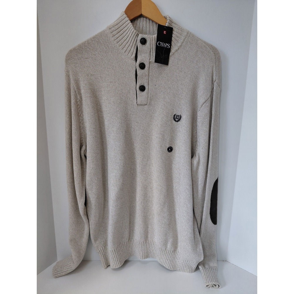 NWT‎ Chaps Sweater Mens 1/4 Button Knit Autumn Twist Brown Elbow Patch Cream LG